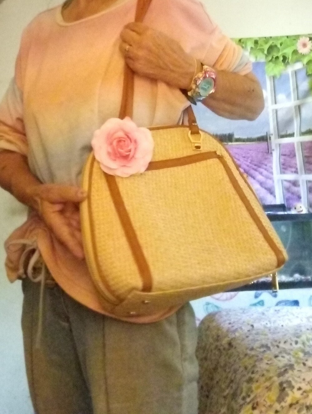 💐Classic Woven Straw Mini Shoulder Bag Backpack Purse With Pink Flower Accent